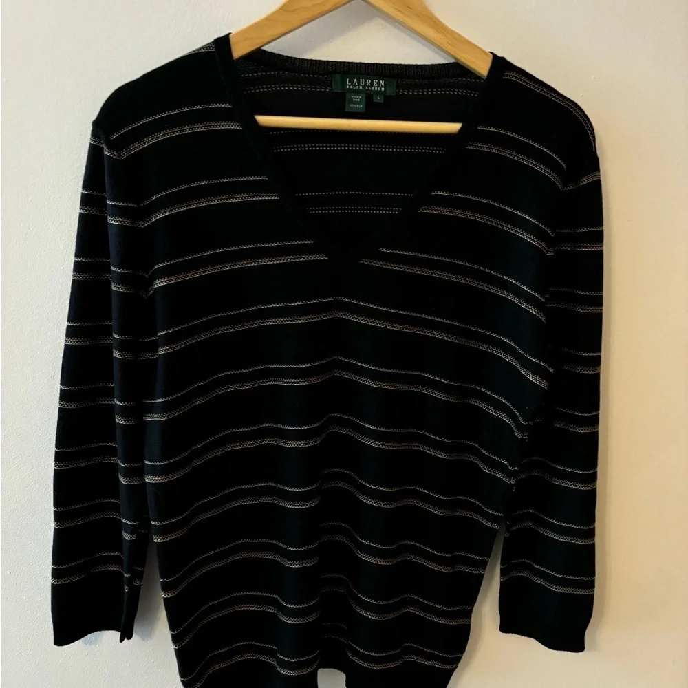 Lauren Ralph Lauren Silk Lightweight V Neck Pinstripe Sweater - Picture 4 of 5